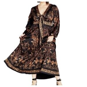 City Chic Ivanna Maxi Dress Black Gold‎ Scarf Print Plus 22 XL Boho Romantic NWT